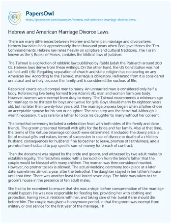 Essay on Hebrew and American Marriage Divorce Laws