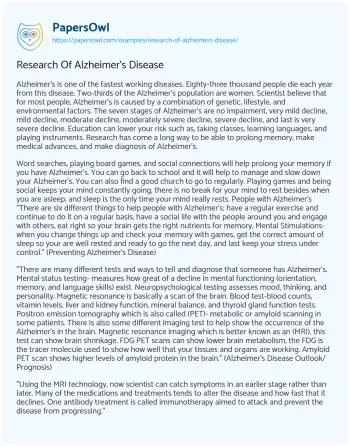 Essay on Research of Alzheimer’s Disease