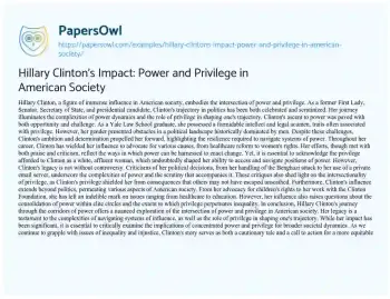 Essay on Hillary Clinton’s Impact: Power and Privilege in American Society