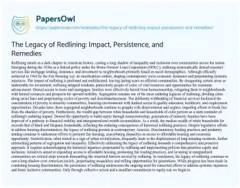 Essay on The Legacy of Redlining: Impact, Persistence, and Remedies