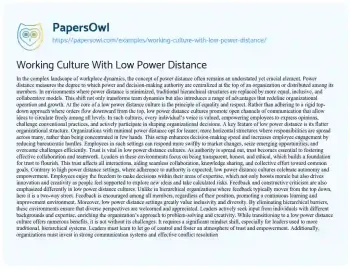 Essay on Working Culture with Low Power Distance