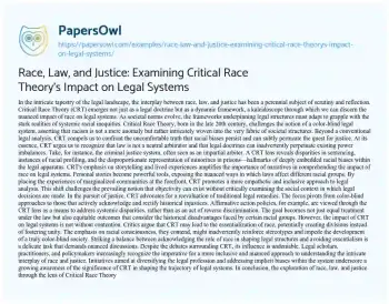 Essay on Race, Law, and Justice: Examining Critical Race Theory’s Impact on Legal Systems