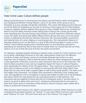 Essay on Hate Crime Laws: Culture Defines People