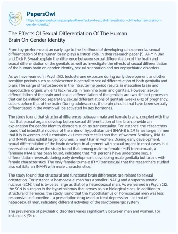 Essay on The Effects of Sexual Differentiation of the Human Brain on Gender Identity