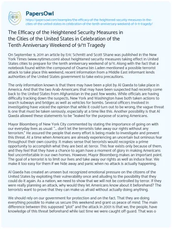 Essay on The Efficacy of the Heightened Security Measures in the Cities of the United States in Celebration of the Tenth Anniversary Weekend of 9/11 Tragedy