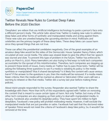 Essay on Twitter Reveals New Rules to Combat Deep Fakes before the 2020 Election