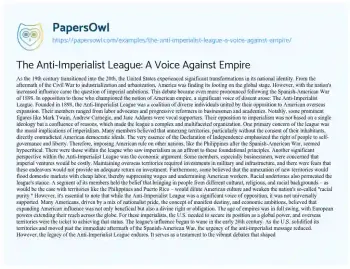 Essay on The Anti-Imperialist League: a Voice against Empire