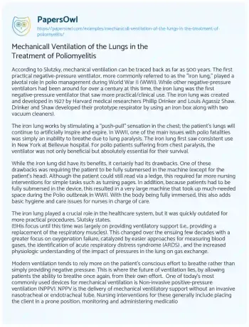 Essay on Mechanicall Ventilation of the Lungs in the Treatment of Poliomyelitis