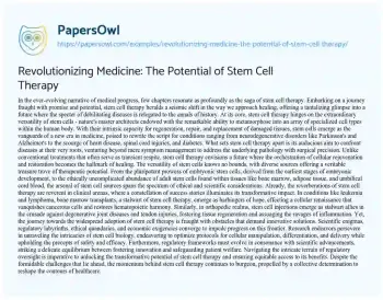 Essay on Revolutionizing Medicine: the Potential of Stem Cell Therapy