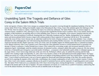 Essay on Unyielding Spirit: the Tragedy and Defiance of Giles Corey in the Salem Witch Trials