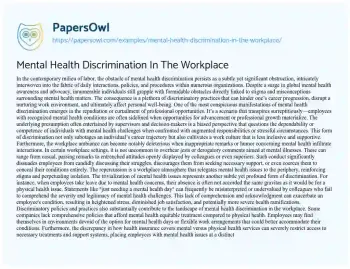 Essay on Mental Health Discrimination in the Workplace