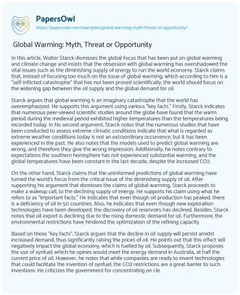 Essay on  Global Warming: Myth, Threat or Opportunity