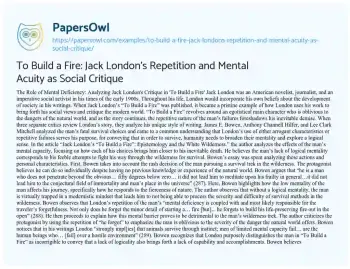 Essay on To Build a Fire: Jack London’s Repetition and Mental Acuity as Social Critique