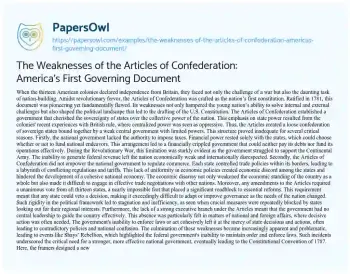 Essay on The Weaknesses of the Articles of Confederation: America’s First Governing Document