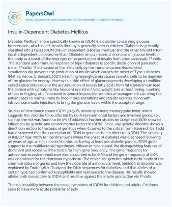 Essay on Insulin-Dependent Diabetes Mellitus