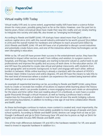 Essay on Virtual Reality (VR) Today