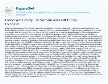 Essay on Chance and Destiny: the Vietnam War Draft Lottery Chronicles