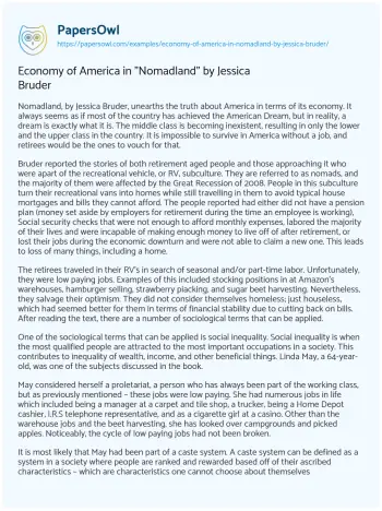 Essay on Economy of America in “Nomadland” by Jessica Bruder