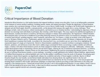 Essay on Critical Importance of Blood Donation