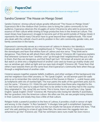 Essay on Sandra Cisneros’ the House on Mango Street