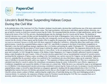 Essay on Lincoln’s Bold Move: Suspending Habeas Corpus during the Civil War