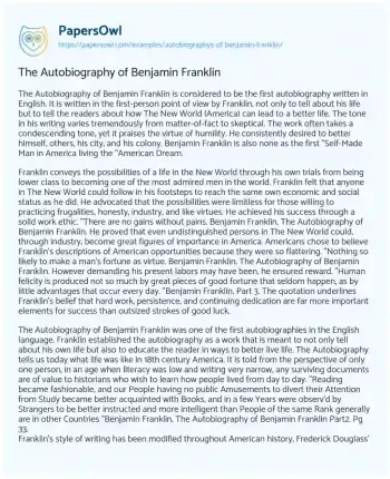 Essay on The Autobiography of Benjamin Franklin