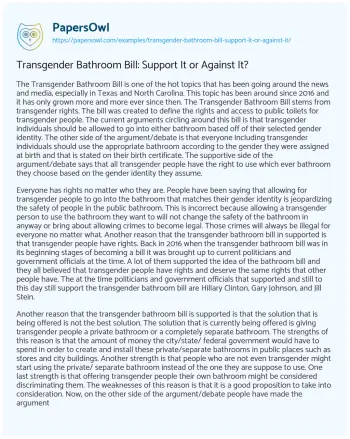 Essay on Transgender Bathroom Bill: Support it or against It?