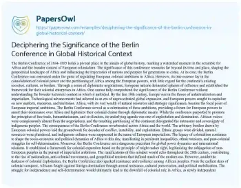 Essay on Deciphering the Significance of the Berlin Conference in Global Historical Context