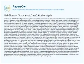 Essay on Mel Gibson’s “Apocalypto”: a Critical Analysis