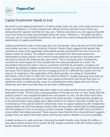 Essay on Capital Punishment Needs to End