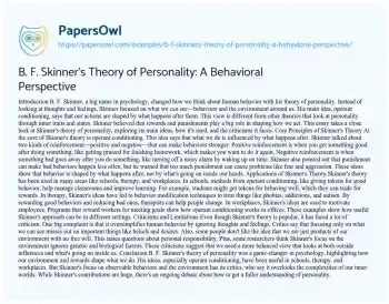 Essay on B. F. Skinner’s Theory of Personality: a Behavioral Perspective