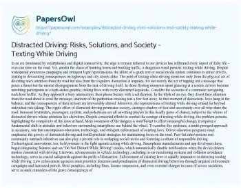 Essay on Distracted Driving: Risks, Solutions, and Society – Texting while Driving