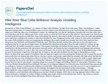 Essay on Mike Rose ‘Blue Collar Brilliance’ Analysis: Unveiling Intelligence