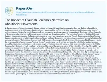 Essay on The Impact of Olaudah Equiano’s Narrative on Abolitionist Movements