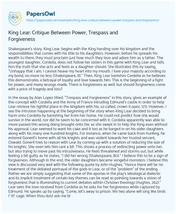 Essay on King Lear: Critique between Power, Trespass and Forgiveness