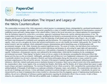 Essay on Redefining a Generation: the Impact and Legacy of the 1960s Counterculture