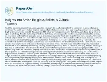 Essay on Insights into Amish Religious Beliefs: a Cultural Tapestry