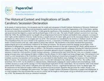 Essay on The Historical Context and Implications of South Carolina’s Secession Declaration