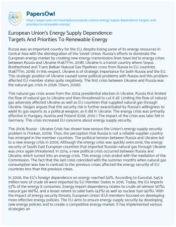 Essay on European Union’s Energy Supply Dependence: Targets and Priorities to Renewable Energy