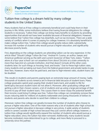 Essay on Tuition-free College is a Dream Held by Many College Students in the United States