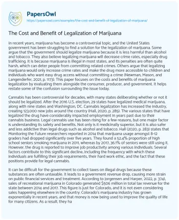 Essay on The Cost and Benefit of Legalization of Marijuana