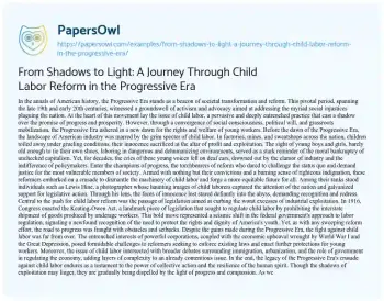 Essay on From Shadows to Light: a Journey through Child Labor Reform in the Progressive Era