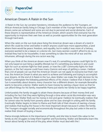 Essay on American Dream: a Raisin in the Sun