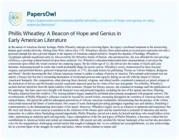 Essay on Phillis Wheatley: a Beacon of Hope and Genius in Early American Literature