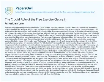 Essay on The Crucial Role of the Free Exercise Clause in American Law