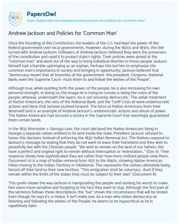 Essay on Andrew Jackson and Policies for ‘Common Man’