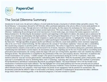 Essay on The Social Dilemma Summary