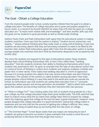 Essay on The Goal – Obtain a College Education