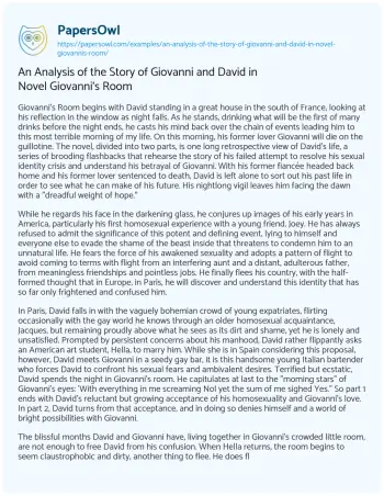 Essay on An Analysis of the Story of Giovanni and David in Novel Giovanni’s Room