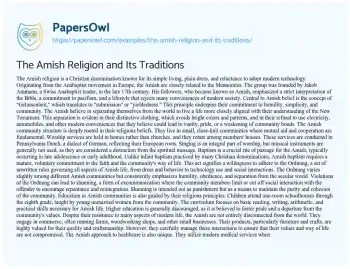 Essay on The Amish Religion and its Traditions